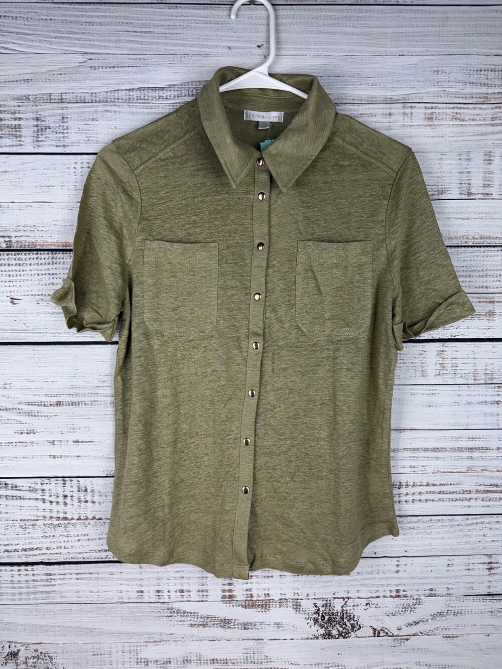 Design History Short Sleeve Button Up Top 100% Linen Green Small New Coastal